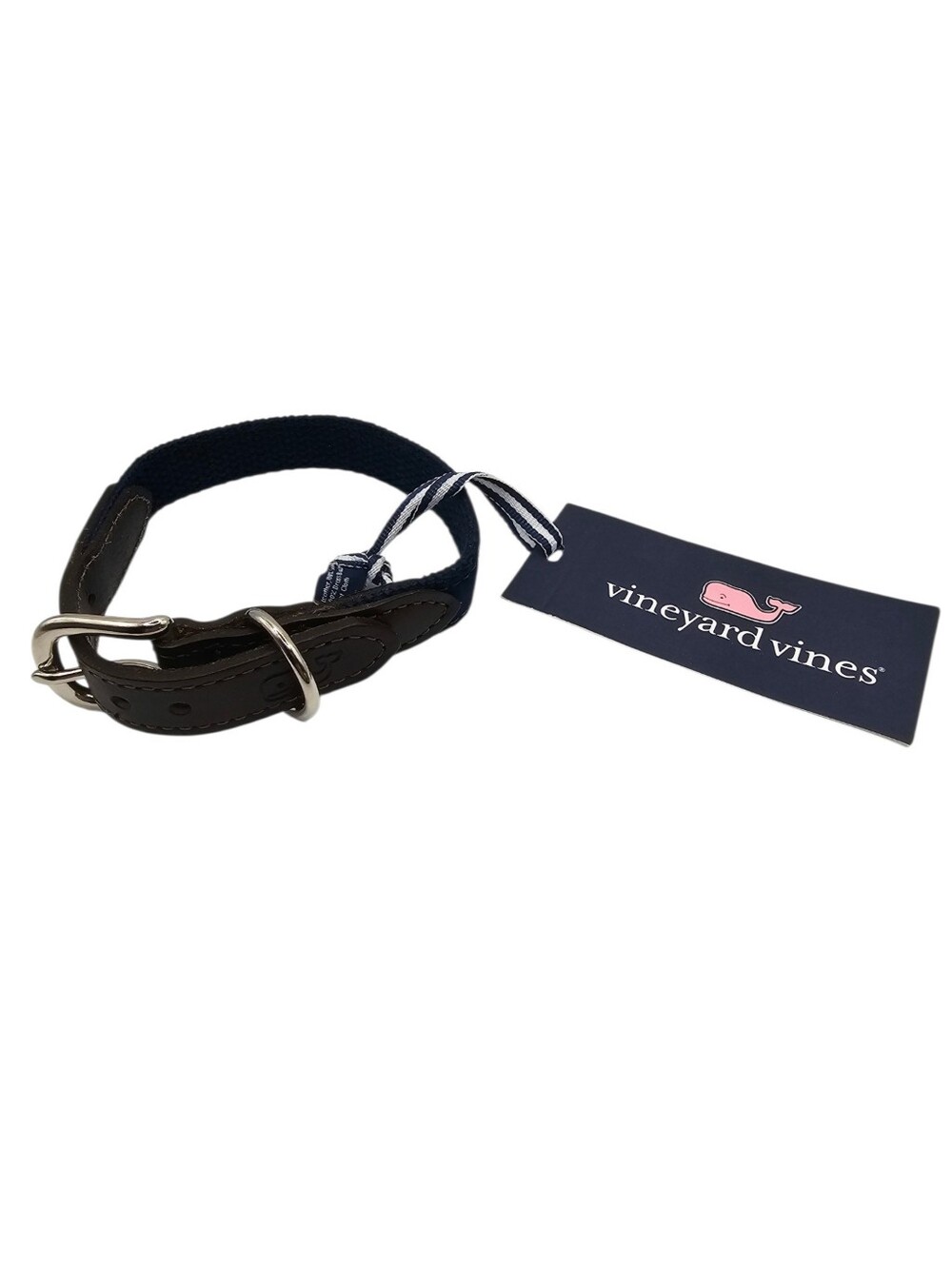 Vineyard Vines Whale Burgee Flag Cowhide Leather & Canvas Dog Collar NWT